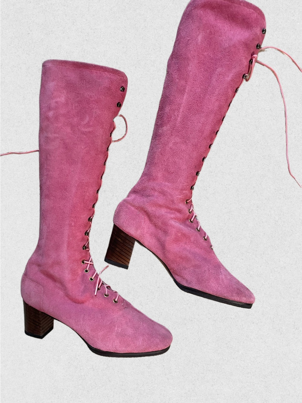 RARE 60s/70s Pink Suede Lace-Up Knee-High Go Go Boots